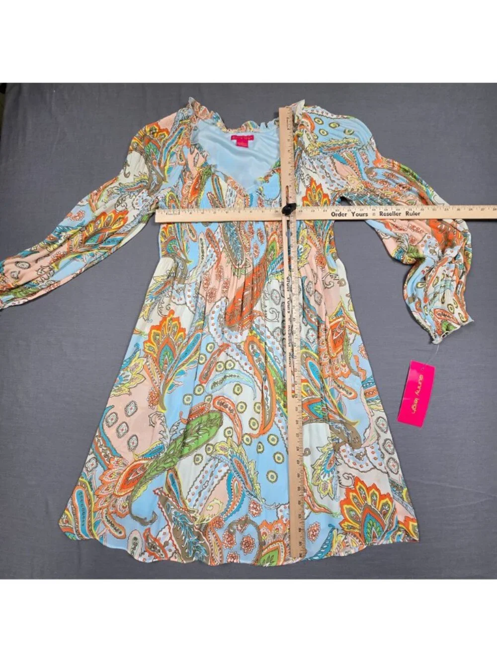 NEW Sunny Leigh Small Paisley Boho Long Sleeve Blue Ruffle Collar Swing Dress - Picture 3 of 4